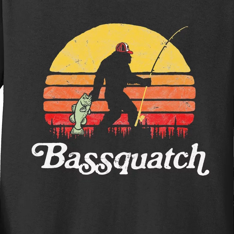 Bigfoot Fishing Shirt Funny Retro Sasquatch Dad Kids Long Sleeve