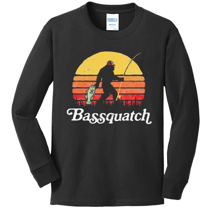 Bigfoot Fishing Shirt Funny Retro Sasquatch Dad Kids Long Sleeve Shirt