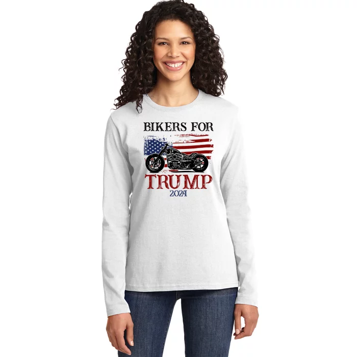 Bikers For Trump 2024 American Flag Vintage Ladies Long Sleeve Shirt