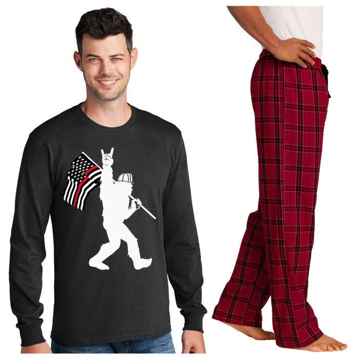 Bigfoot Firefighter Thin Red Line Flag For Dad And Mom Long Sleeve Pajama Set