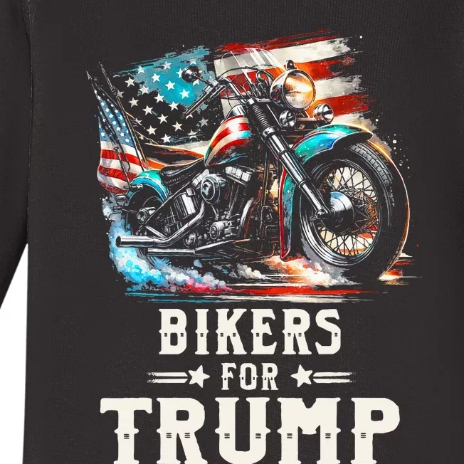 Bikers For Trump 2024 Motorcycle Patriotic American Flag Baby Long Sleeve Bodysuit