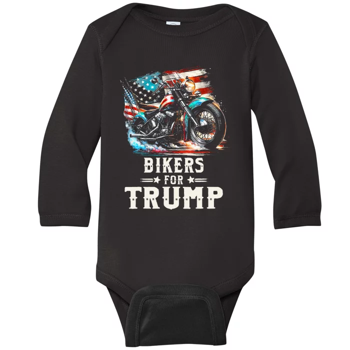 Bikers For Trump 2024 Motorcycle Patriotic American Flag Baby Long Sleeve Bodysuit