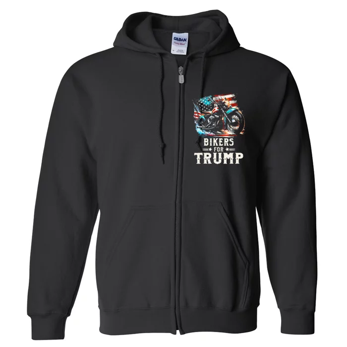 Bikers For Trump 2024 Motorcycle Patriotic American Flag Full Zip Hoodie