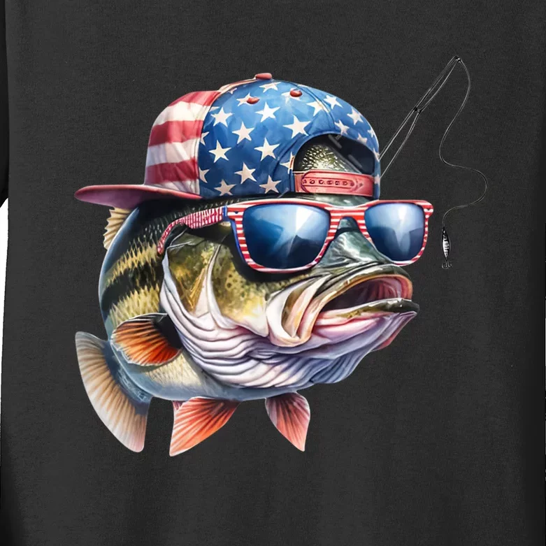 Bass Fish Usa Flag Fishing 4th July Kids Long Sleeve Shirt