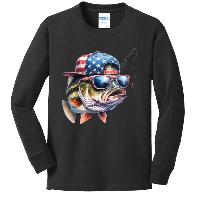 Bass Fish Usa Flag Fishing 4th July Kids Long Sleeve Shirt