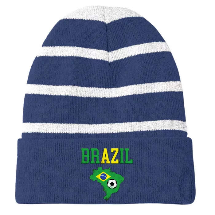 Brazil Flag Vintage Brazilian Soccer Fan Futebol Striped Beanie with Solid Band