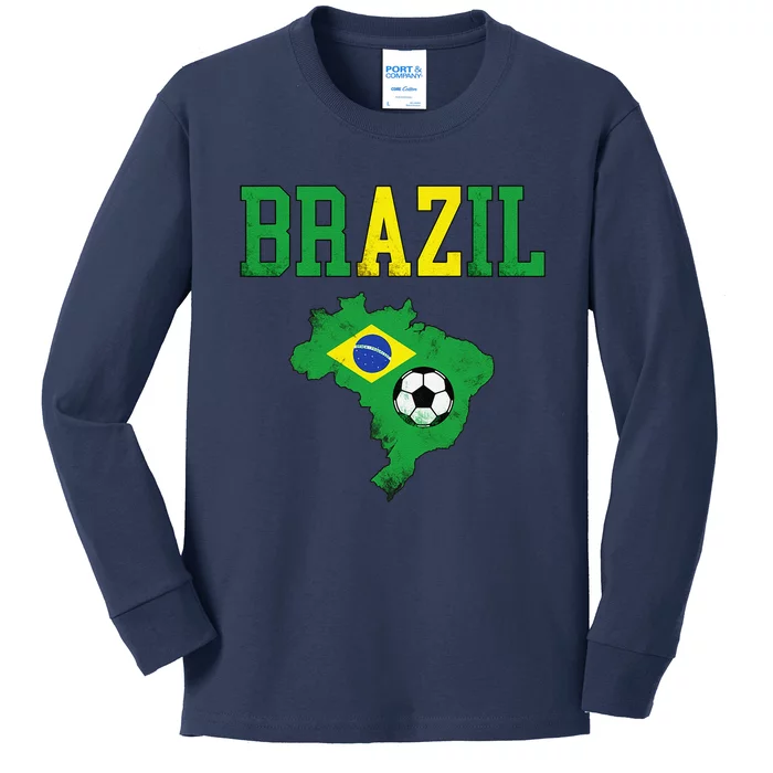 Brazil Flag Vintage Brazilian Soccer Fan Futebol Kids Long Sleeve Shirt