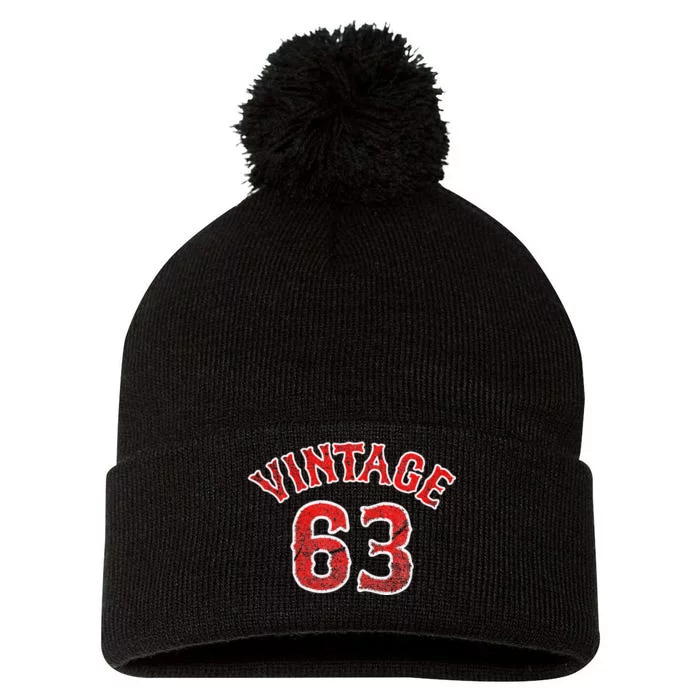 Baseball Fan Vintage 63 born 1963 60th Birthday 60 year old Pom Pom 12in Knit Beanie