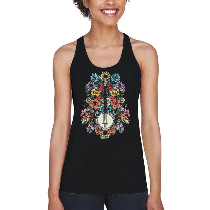 Banjo Flowers Vintage Stringed Bluegrass Folk Floral Design Women's Racerback Tank