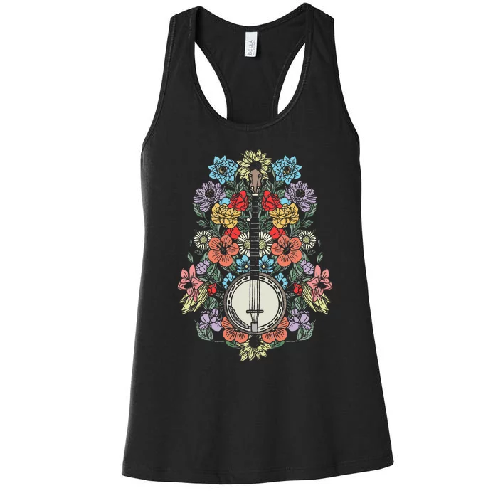 Banjo Flowers Vintage Stringed Bluegrass Folk Floral Design Women's Racerback Tank