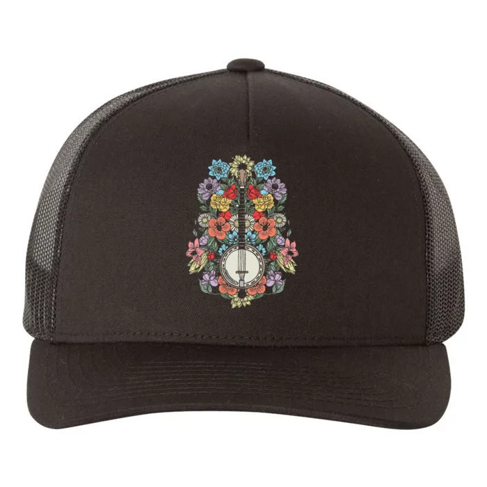 Banjo Flowers Vintage Stringed Bluegrass Folk Floral Design Yupoong Adult 5-Panel Trucker Hat