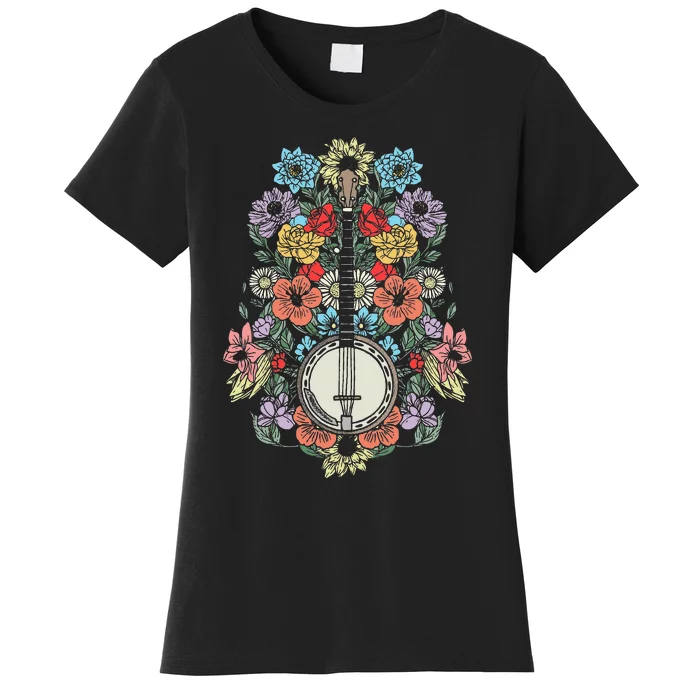 Banjo Flowers Vintage Stringed Bluegrass Folk Floral Design Women's T-Shirt