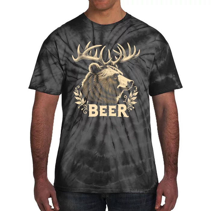 Beer Funny Vintage Design Bear With Deer Antlers For Drinker Tie-Dye T-Shirt