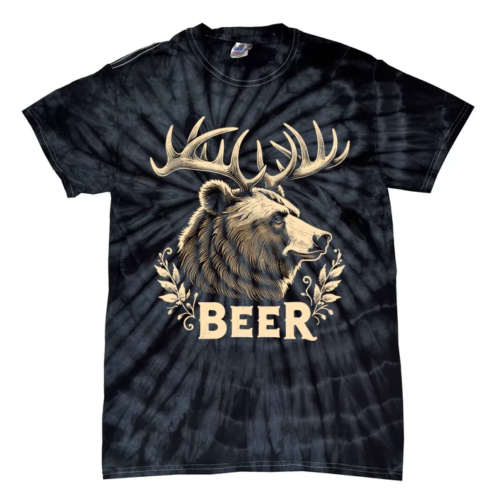 Beer Funny Vintage Design Bear With Deer Antlers For Drinker Tie-Dye T-Shirt