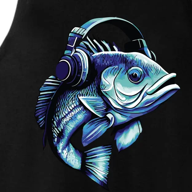 Bass Fish Wearing Headphones Ladies Tri-Blend Wicking Tank