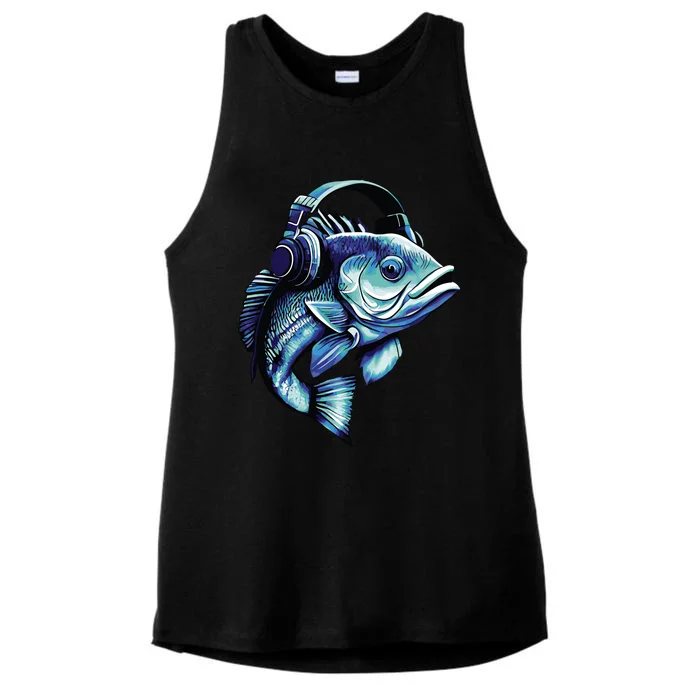 Bass Fish Wearing Headphones Ladies Tri-Blend Wicking Tank