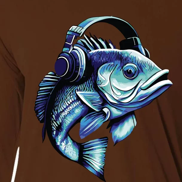 Bass Fish Wearing Headphones Cooling Performance Long Sleeve Crew