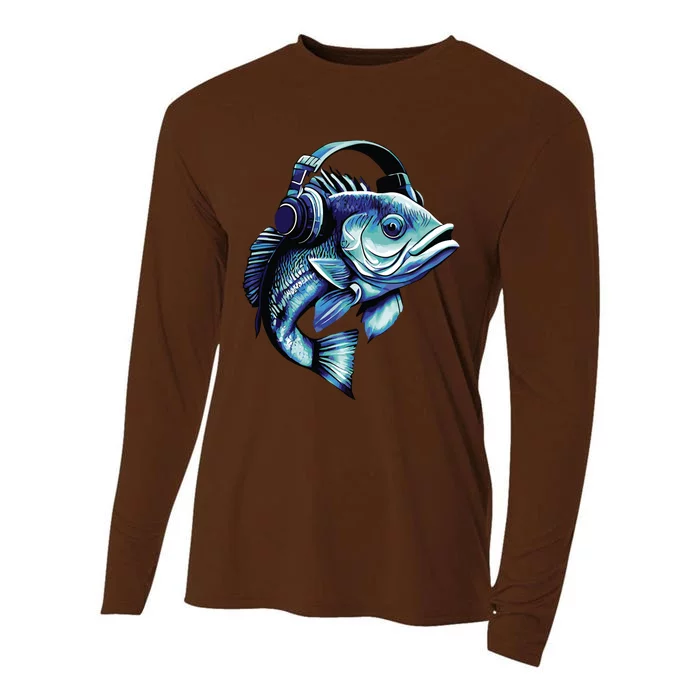 Bass Fish Wearing Headphones Cooling Performance Long Sleeve Crew