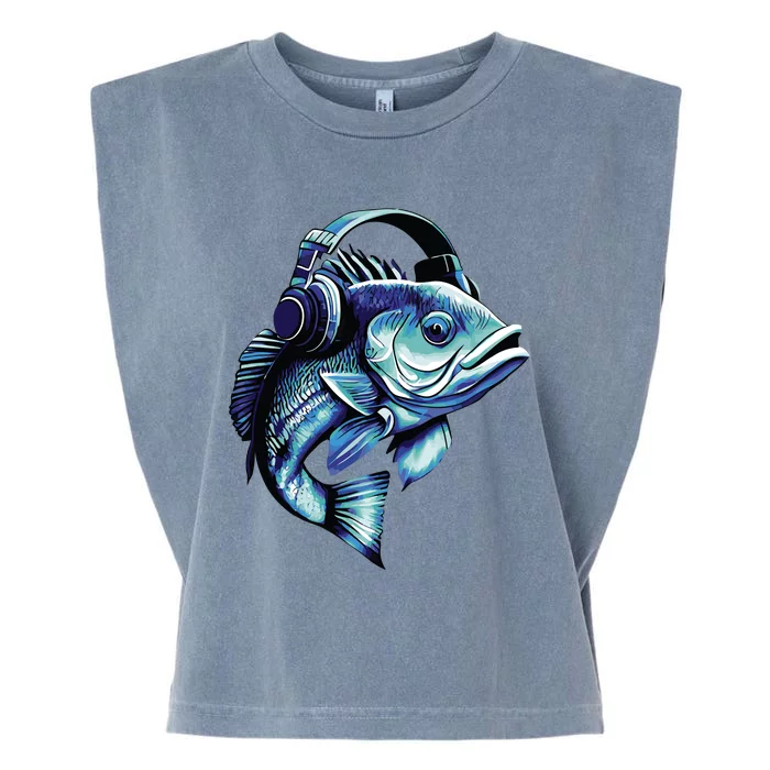 Bass Fish Wearing Headphones Garment-Dyed Women's Muscle Tee