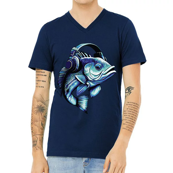 Bass Fish Wearing Headphones V-Neck T-Shirt