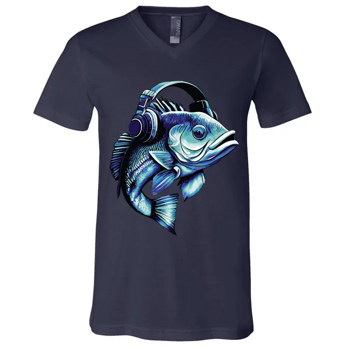 Bass Fish Wearing Headphones V-Neck T-Shirt