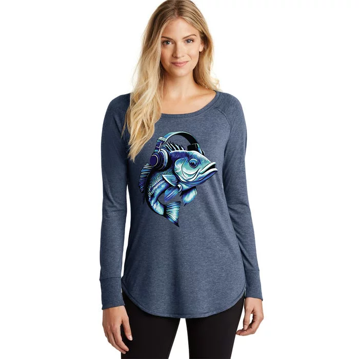 Bass Fish Wearing Headphones Women's Perfect Tri Tunic Long Sleeve Shirt