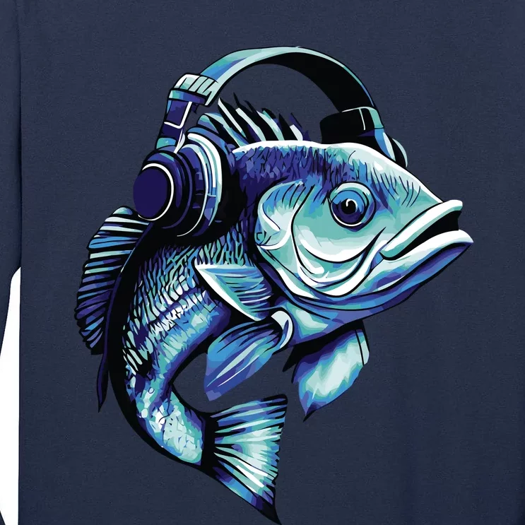 Bass Fish Wearing Headphones Tall Long Sleeve T-Shirt