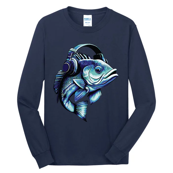 Bass Fish Wearing Headphones Tall Long Sleeve T-Shirt