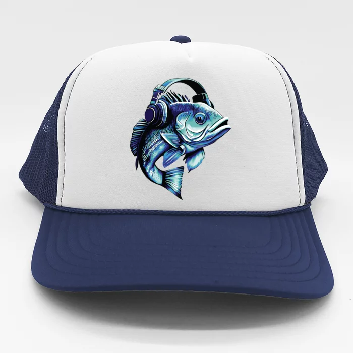 Bass Fish Wearing Headphones Trucker Hat