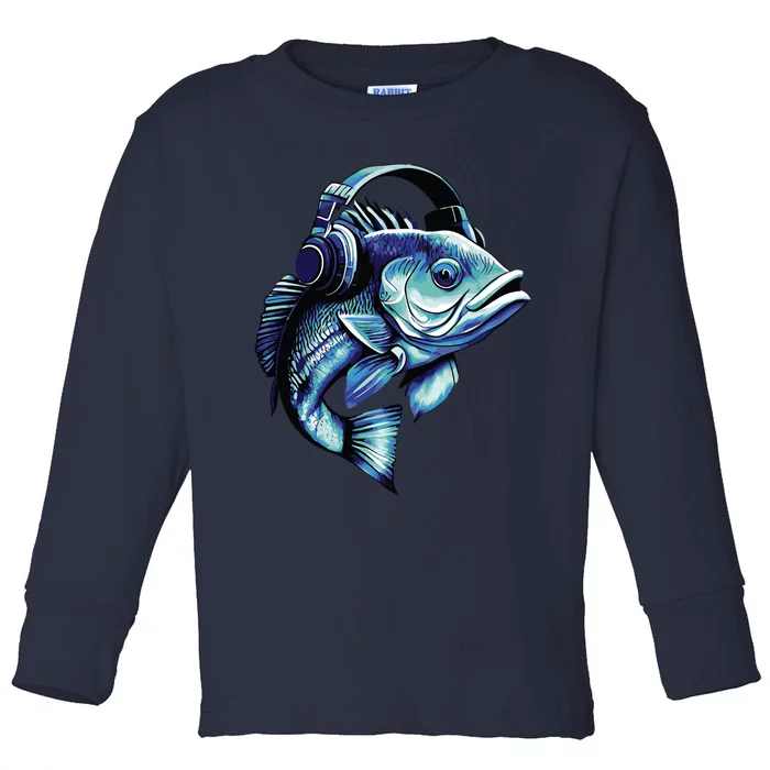 Bass Fish Wearing Headphones Toddler Long Sleeve Shirt