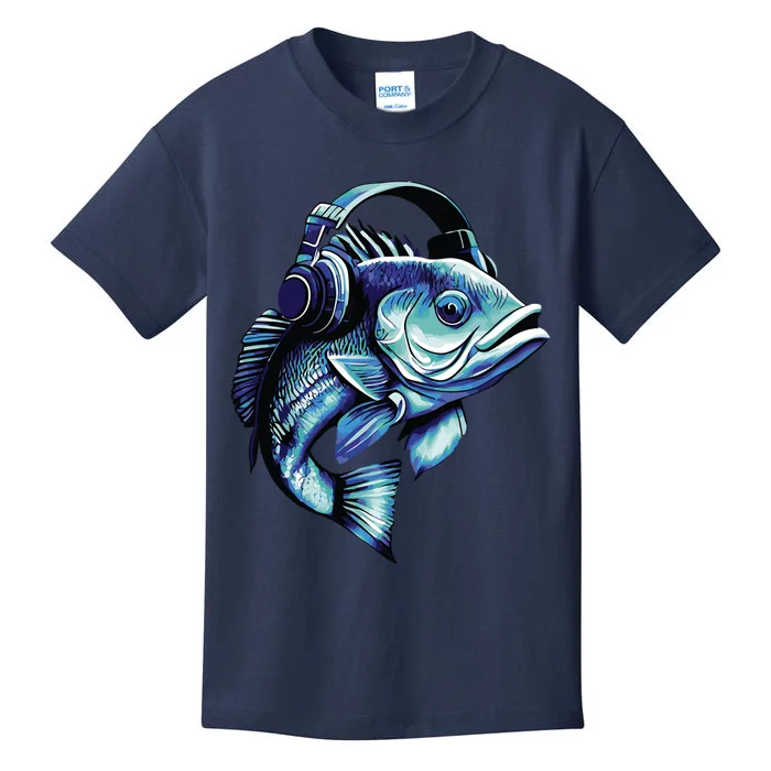 Bass Fish Wearing Headphones Kids T-Shirt