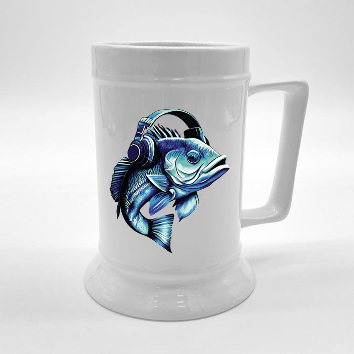 Bass Fish Wearing Headphones Front & Back Beer Stein