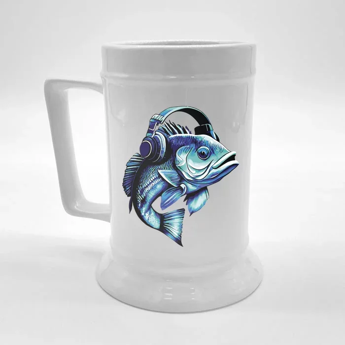 Bass Fish Wearing Headphones Front & Back Beer Stein