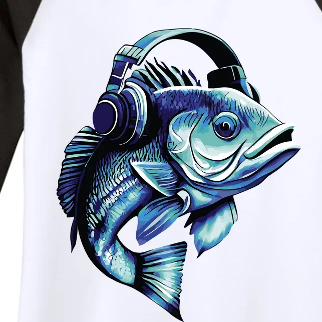 Bass Fish Wearing Headphones Women's Tri-Blend 3/4-Sleeve Raglan Shirt