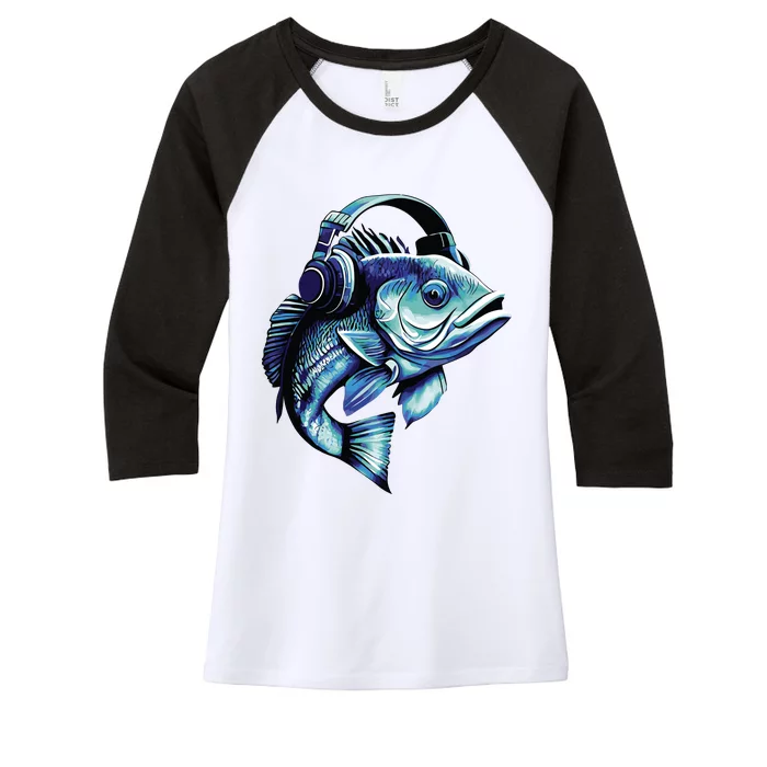 Bass Fish Wearing Headphones Women's Tri-Blend 3/4-Sleeve Raglan Shirt