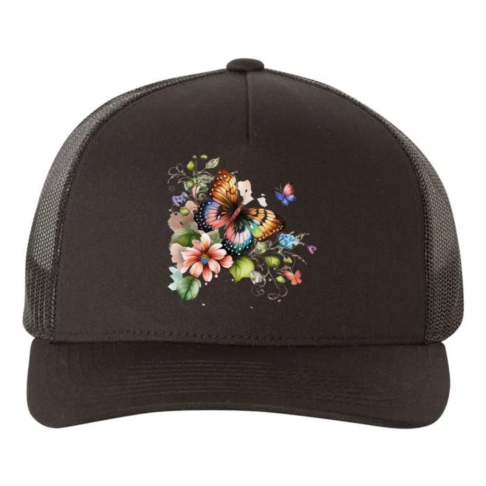 Butterfly Floral Watercolor Yupoong Adult 5-Panel Trucker Hat