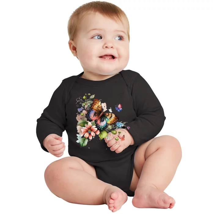 Butterfly Floral Watercolor Baby Long Sleeve Bodysuit