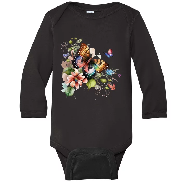 Butterfly Floral Watercolor Baby Long Sleeve Bodysuit