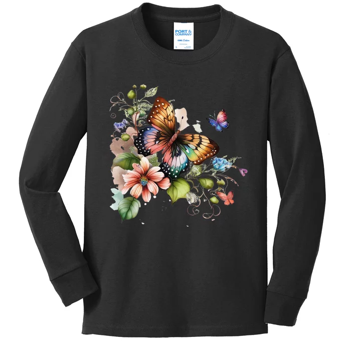 Butterfly Floral Watercolor Kids Long Sleeve Shirt