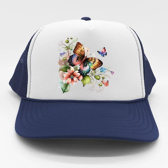 Butterfly Floral Watercolor Trucker Hat