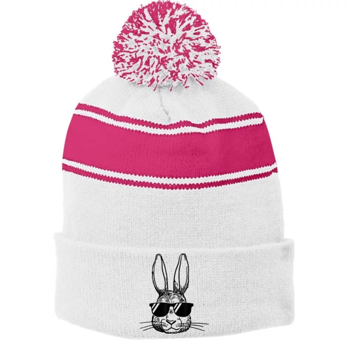 Bunny Face With Sunglasses For Boy  Kid Easter Day Stripe Pom Pom Beanie