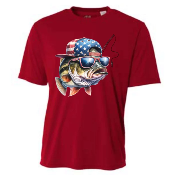 Bass Fish With Us Flag Gift Cooling Performance Crew T-Shirt