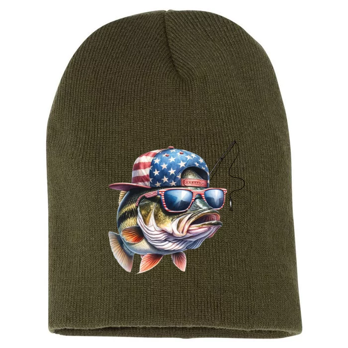 Bass Fish With Us Flag Gift Short Acrylic Beanie