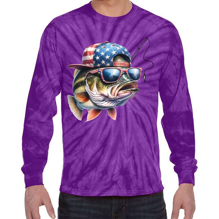 Bass Fish With Us Flag Gift Tie-Dye Long Sleeve Shirt