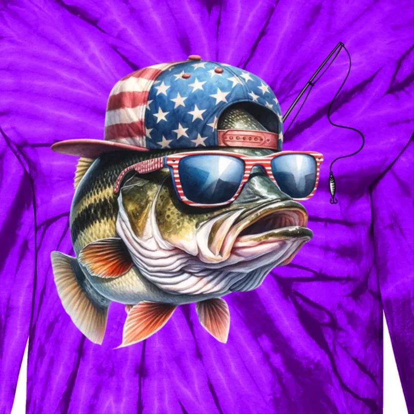 Bass Fish With Us Flag Gift Tie-Dye Long Sleeve Shirt