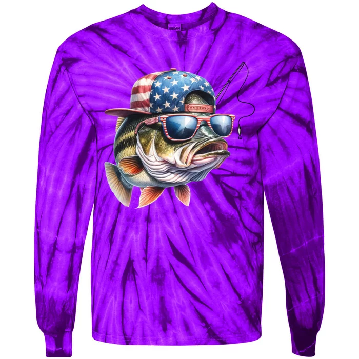 Bass Fish With Us Flag Gift Tie-Dye Long Sleeve Shirt