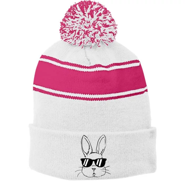 Bunny Face With Sunglasses For Boy  Kid Easter Day Stripe Pom Pom Beanie