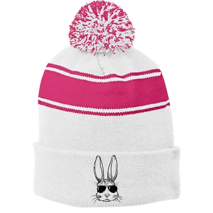 Bunny Face With Sunglasses For Boy  Kid Easter Day Stripe Pom Pom Beanie