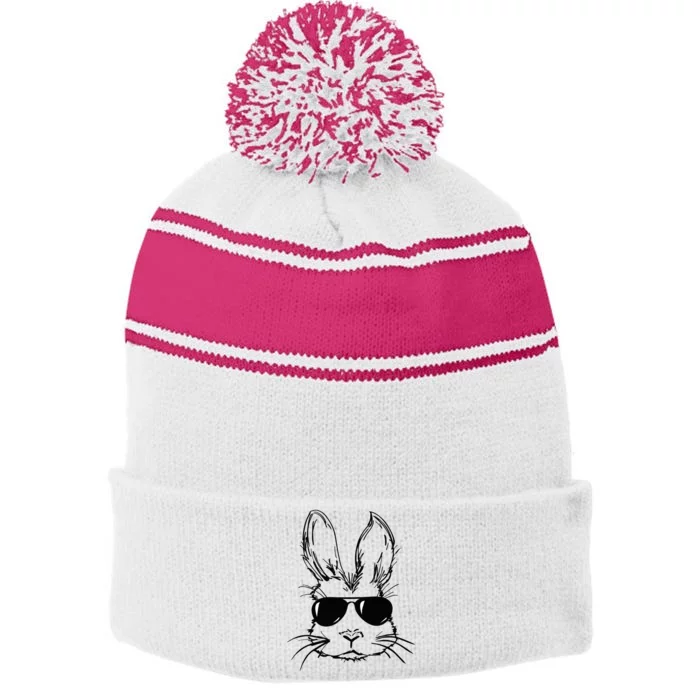 Bunny Face With Sunglasses For Boy Easter Day Stripe Pom Pom Beanie