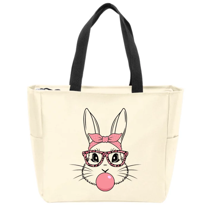 Bunny Face With Glasses Leopard Print Happy Easter Day Funny Gift Zip Tote Bag